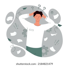 Job chaos concept. Man in panic grabs his head with his hands, emotional burnout. Employee doesnt know how to solve problem, uncertainty. Deadline pressure and stress. Cartoon flat vector illustration