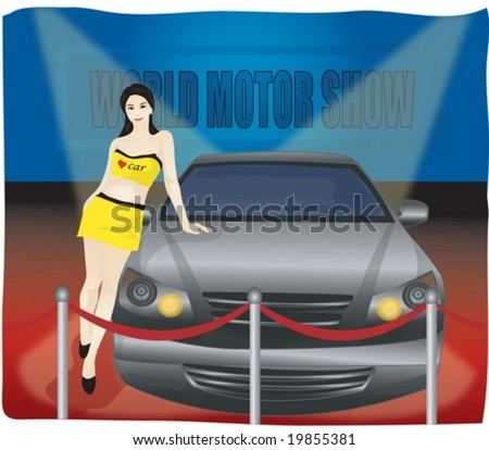 Job Character background with blue wall - beautifully smiling young Asian woman with automobile for world motor show in car showroom