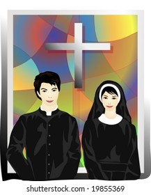 Job Character Background With Cross In Stained Glass Style - Praying Beautifully Smiling Young Asian Happy Man And Lovely Woman With Crucifix In Catholic Church