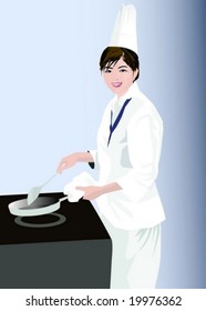 Job Character isolated on blue background - cooking beautifully smiling young Asian woman with frying pan and spatula for healthy food in kitchen