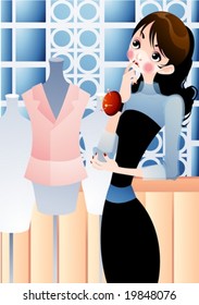Job Character on a background of pretty wall - working lovely young woman with pin cushion and dummy in boutique : vector illustration