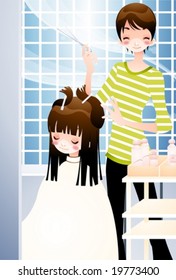 Job Character on blue background - smiling young man who is cutting hair for beautiful young woman with a scissors in the beauty parlor 
