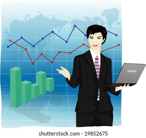 Job Character on blue background - successful presentation of smart young man for economic growth with a laptop in Asian office