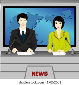 Job Character On Blue Background - Smiling Young  Asian Anchorwoman And Anchorman Who Is Announcing With Paper Script On The News Desk In The TV Studio : Live Broadcasts For Viewers