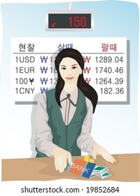 Job Character on blue background - beautifully  smiling Asian young woman who is working with bankbook and cash in the bank on desk at foreign exchange office : Korean words - status, buying, selling