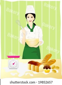 Job Character on green background - sweet Asian young woman who is cooking with whisk and bowl for healthy bread in kitchen