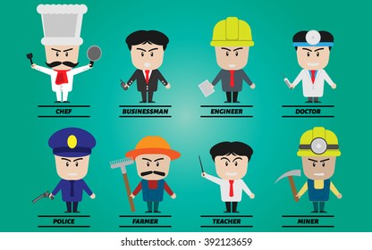 Job character set vector design with cute cartoon in various jobs include chef, businessman, engineer, doctor, police, farmer, teacher, miner