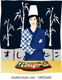 Job Character - smiling young man who is serving with healthy sweet Asian cuisine in Japanese restaurant