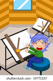 Job Character - working smiling young man with pencil on a chair