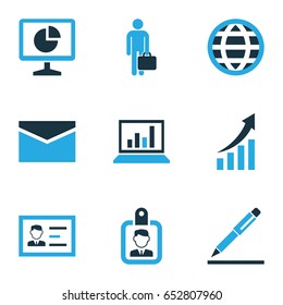 Job Colorful Icons Set. Collection Of Badge, Statistics, Document With Pen And Other Elements. Also Includes Symbols Such As Globe, Message, Computer.