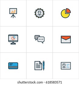 Job Colorful Outline Icons Set. Collection Of Billboard Presentation, Conversation, Id Badge And Other Elements. Also Includes Symbols Such As Badge, Email, Presentation.