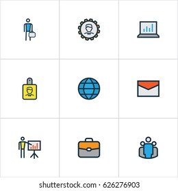 Job Colorful Outline Icons Set. Collection Of Portfolio, Identification Document, World And Other Elements. Also Includes Symbols Such As Email, Portfolio, Diagram.