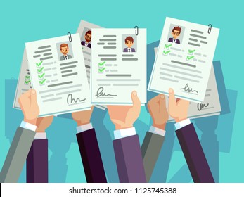 Job competition. Candidates hold cv resume. Recruitment and human resource vector concept. Illustration of resume candidate illustration