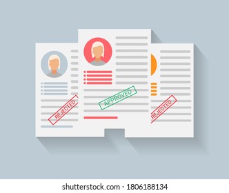 Job Competition Concept. Approved CV Of Vacancy Applicant Lying On Other CVs Over Gray Background. Vector Illustration