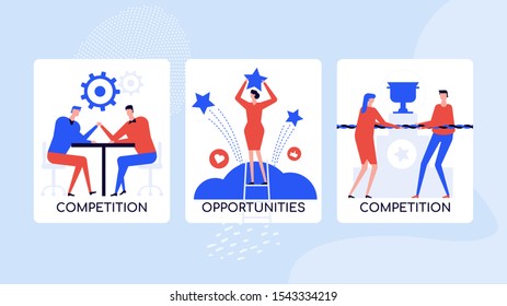 Job competition concept vector colorful banner template. Men arm wrestling contest, male rivalry. Career opportunities, reaching goals, success. Workplace gender equality in competitive environment