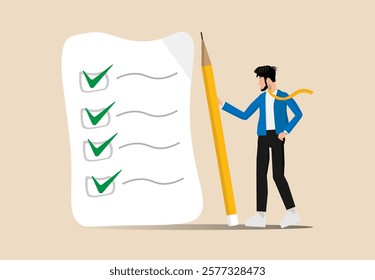  Job completion checklist, review plan, confident businessman standing with pencil after completing all tasks, business strategy checklist or to-do list for responsibility and achievement concept.
