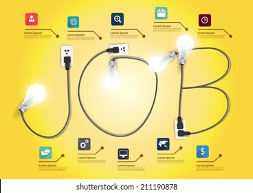 Job concept with creative light bulb ideas, With business flat icons set abstract info graphic banner workflow layout, diagram, step up options, Vector illustration modern design template