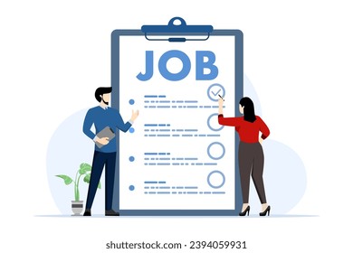 Jobkonzept, HR-Team, das Bewerber für freie Stellen auswertet, die Wiederaufnahme der Arbeiten überprüft, HR-Manager-Team, Personalrekrutierung für Unternehmen, wir rekrutieren, flache Vektorgrafik auf weißem Hintergrund.