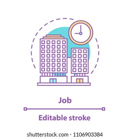 Job concept icon. Work idea thin line illustration. Business center. Office building, clock. Vector isolated outline drawing. Editable stroke