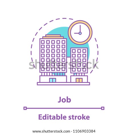 Job concept icon. Work idea thin line illustration. Business center. Office building, clock. Vector isolated outline drawing. Editable stroke