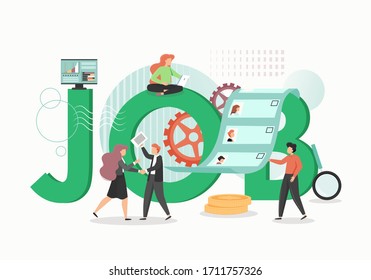 Job concept vector flat design illustration. HR agency managers cartoon characters choosing best job candidate. Recruitment, hiring, employment process. HR management concept.