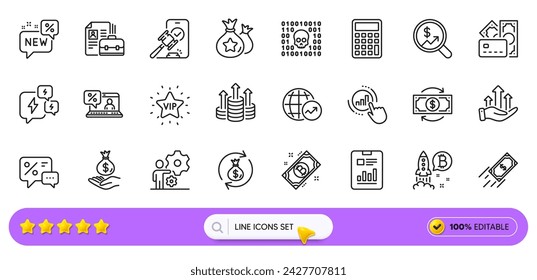 Job, Currency audit and Fast payment line icons for web app. Pack of Money, Report document, Online loan pictogram icons. Bitcoin, World statistics, New signs. Money change. Search bar. Vector
