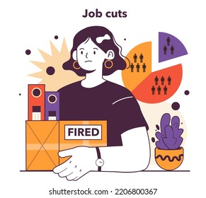 Job cuts as a recession indicator. Dismissal employee, fired female character. Significant, widespread, and prolonged economic slow down or stagnation. Flat vector illustration