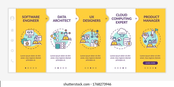 Job in IT department onboarding vector template. Software engineer. Data architect. Product manager. Responsive mobile website with icons. Webpage walkthrough step screens. RGB color concept