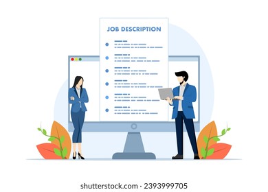 Job description concept, job position qualifications and requirements, job duties and responsibilities, businessman writing job description document. flat vector illustration.