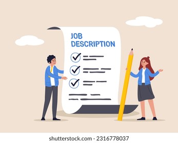 Job description concept. Qualification and requirement for job position, working scope document, duty and responsibility for employment, business people employer writing job description document.