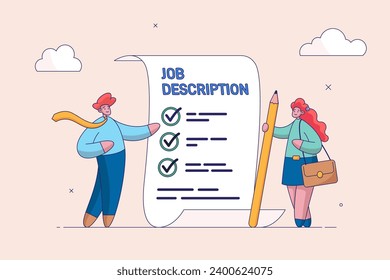 Job description concept. Qualification and requirement for job position, working scope document, duty and responsibility for employment, business people employer writing job description document.