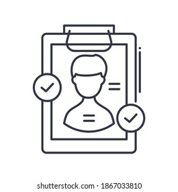 Icono de descripción de trabajo, ilustración lineal aislada, vector de línea delgada, signo de diseño web, símbolo de concepto de contorno con trazo editable sobre fondo blanco.