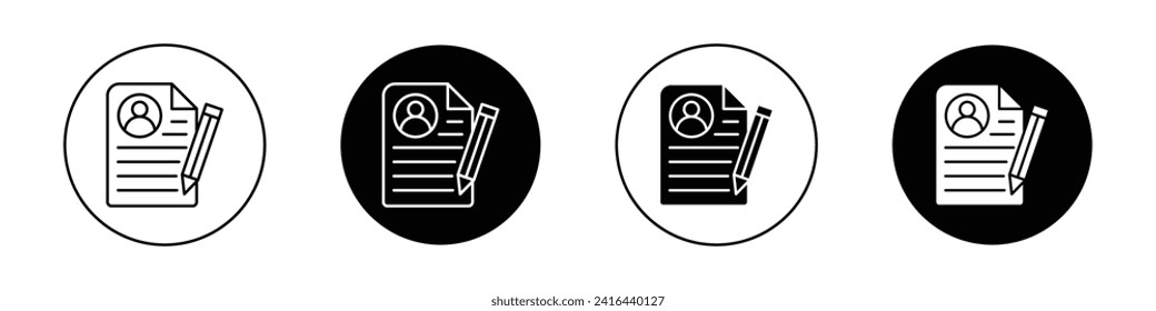 Job description icon set. Employee cv information details vector symbol in black filled and outlined style. Employment portfolio paper design.