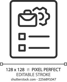 Job description pixel perfect linear icon. List of requirements and duties. Work position details. Human resources. Thin line illustration. Contour symbol. Vector outline drawing. Editable stroke