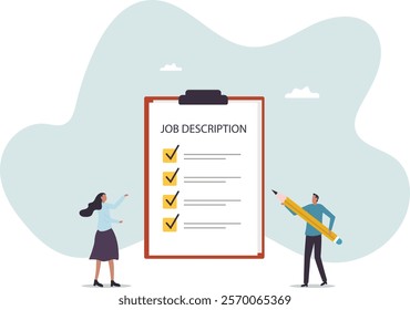 Job description, qualification and requirement for job position, working scope document, duty and responsibility for employment.business concept.flat character.