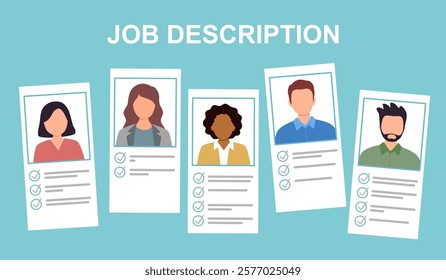 Job description, qualification and requirement for job position, working scope document, duty and responsibility for employment concept.