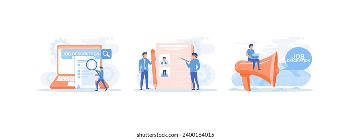Job description, , Recruitment Headhunting, document that describes the responsibilities of a position. Job description set flat vector modern illustration