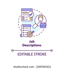 Job descriptions concept icon. Position requirements. Job employment documents abstract idea thin line illustration. Isolated outline drawing. Editable stroke. Arial, Myriad Pro-Bold fonts used