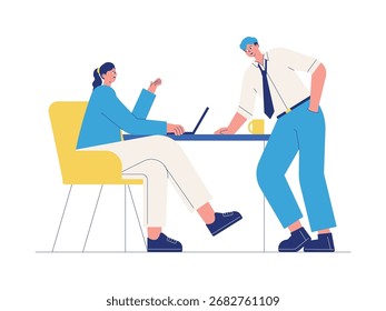 Job development discussion for time effectiveness, internship cartoon vector illustration.