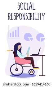 Job for Disabled People.Woman with Disabilities Sitting in Wheelchair working with computer. graphs and charts behind her. Inclusion, communication,full life. Work Interview. Vector Flat Illustration