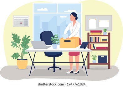 Job dismissal 2D vector web banner, poster. Woman collect stationery from work desk. Laid off employee flat character on cartoon background. Unemployment printable patch, colorful web element