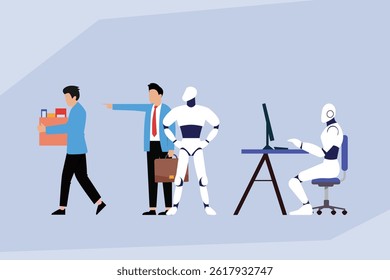 job displacement due to automation, with a human worker being dismissed by a manager while robots efficiently perform tasks at a desk
