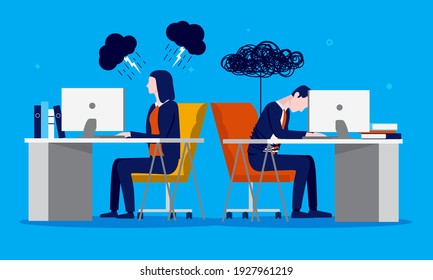 Job dissatisfaction - Two business people  feeling negative and unmotivated about work in the office. Motivation problem concept. Vector illustration.