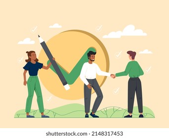 Job done concept. Characters shake hands with each other on background of check mark. Man and girl celebrate success, colleagues and partners, employees communicate. Cartoon flat vector illustration