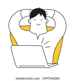 Job Done, a satisfied man leaned back in his chair in front of the computer. Success, good job, performed task. Thin outline elegant vector illustration on white background.