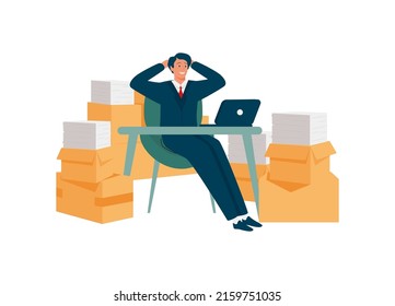 Job Done, a satisfied man leaned back in his chair in front of the computer. Success, good job, performed task. Thin outline elegant vector illustration on white background.