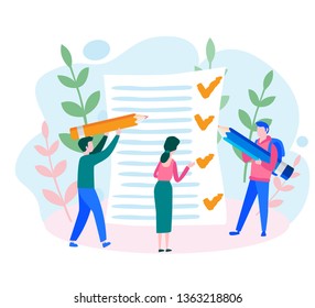 Job done, tasks scheduling, planing business, checklist for web page, pencil, checklist on a clipboard paper, Successful completion of business tasks.  Work management and stack resolve, Vector