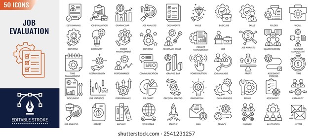 Job Evaluation Editable Stroke Line Icon set. Containing analysis, business, systematic, value, organization, gathering information icon. Vector Illustration.