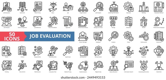 Job evaluation icon collection set. Containing systematic, determining, value, organization, analysis, gathering information, basic icon. Simple line vector.