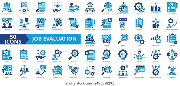 Job evaluation icon collection set. Containing systematic, determining, value, organization, analysis, gathering information, basic icon. Simple flat vector.